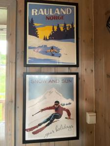 tres carteles en la pared de una estación de esquí en Leilighet i vakre Rauland, en Rauland