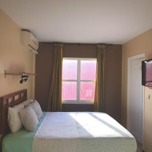 a bedroom with a large bed and a window at 101 Suites in Paramaribo