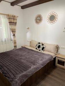 1 dormitorio con cama y espejo en la pared en Cabana Amelie Baile Figa, en Beclean