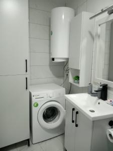 La salle de bains blanche est pourvue d'un lave-linge et d'un lavabo. dans l'établissement Anabela Apartment, à Ohrid