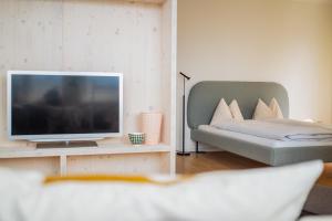 ein Wohnzimmer mit einem TV und einem Sofa in der Unterkunft Wanderlust Guesthouse in Weggis