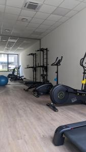 einen Fitnessraum mit mehreren Laufbändern in einem Zimmer in der Unterkunft Apartament&SPA Lis&Las in Sobótka