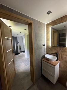 a bathroom with a sink and a mirror at Dablin 9 in Korbielów