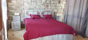 a bedroom with a red bed with two pillows at Dana View Guest House in Dana