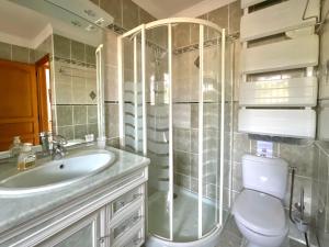 y baño con ducha, aseo y lavamanos. en Chambres d'hôtes Les Noisetiers en Digne-les-Bains