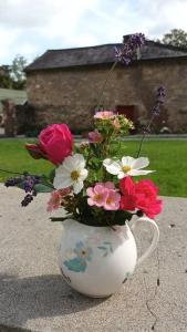 un jarrón blanco lleno de flores sentado en el suelo en Ivy Cottage, en Wexford
