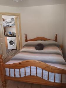 Cama de madera en un dormitorio con lavadora en Ivy Cottage, en Wexford