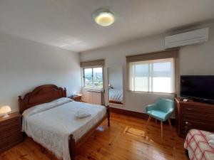 um quarto com uma cama, uma televisão e uma cadeira em Casa Machado em Vila Real