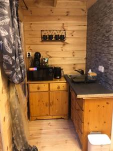 una pequeña cocina en una cabaña de madera con barra en Zelený ostroff Treehouse, en Jiříkov