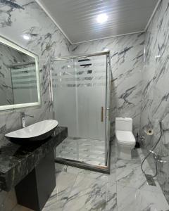 a bathroom with a shower and a sink and a toilet at EZ Restoran & Hotel in Zaqatala