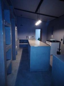 uma cozinha azul com um balcão num quarto em Marigold em Nieuwoudtville