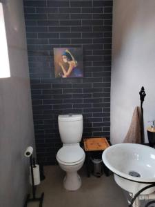 uma casa de banho com um WC branco e um lavatório. em Marigold em Nieuwoudtville