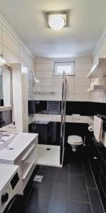 uma casa de banho branca com um lavatório e um WC em Rafael Apartment em Opuzen