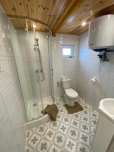 a bathroom with a shower and a toilet at Domki u Barta in Trzęsacz