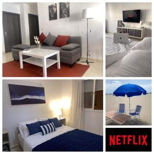 een collage van foto's van een woonkamer en een slaapkamer bij joy house +équipement de plage(chaises et parasol) in Martil