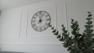 zegar wiszący na białej ścianie z rośliną w obiekcie Apartments L-A-M w Podstranie
