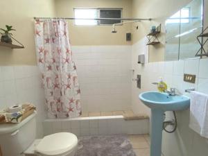 a bathroom with a toilet and a sink and a shower at Habitación Privada Andrea, en la Isla in Flores