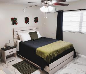 1 dormitorio con 1 cama y ventilador de techo en Adorable Mini Suite in Tampa, en Tampa