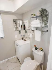 Baño blanco con aseo y lavamanos en Adorable Mini Suite in Tampa, en Tampa