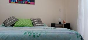 um quarto com uma cama com almofadas verdes e cinzentas em Buenos Aires Tango Apartment near Golf em San Antonio de Padua