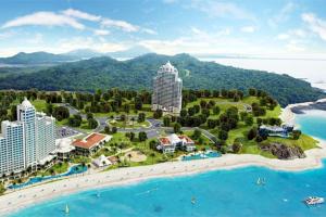 an aerial view of a resort on a beach at 13B Spectacular Oceanview Resort Lifestyle Panama in ArraijÃ¡n