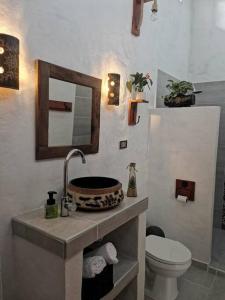 a bathroom with a sink and a toilet and a mirror at CasaBongo, alojamiento vacacional con piscina in Honda