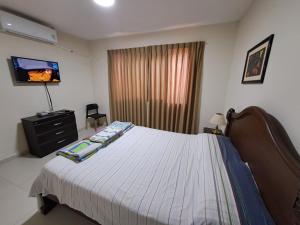 a bedroom with a bed and a flat screen tv at Sur Backpackers in Santa Cruz de la Sierra
