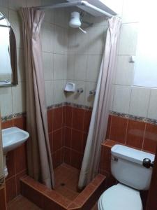 a bathroom with a toilet and a sink and a shower at Hostal Vista al Lago Titicaca Puno in Puno +48 photos