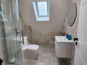 ein Badezimmer mit Toilette, Waschbecken und Spiegel in der Unterkunft Paradigm Court, Modern 1-Bedroom Apartment, Oxford in Oxford + 23 Fotos