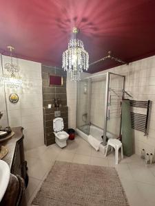 a bathroom with a toilet and a chandelier at Luxury House City Center in Trabzon