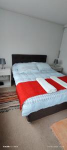 una camera con un letto con una coperta rossa e bianca di RUCAMAR a Osorno
