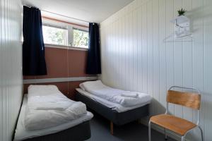 a room with two beds and a chair and a window at Reine Basecamp - Apartments & Rooms in Reine
