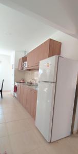 a white refrigerator in a kitchen with wooden cabinets at Departamentos Iselin - Capo Bianco in San Rafael