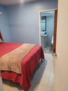 a bedroom with a bed and a bathroom with a sink at K&S Apartment in Sigatoka