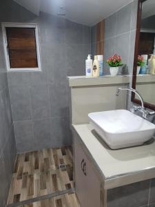 a bathroom with a white sink on a counter at K&S Apartment in Sigatoka