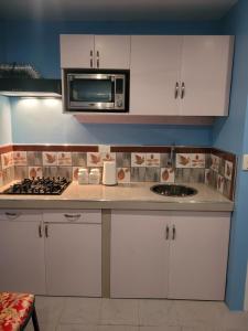 a kitchen with white cabinets and a microwave at K&S Apartment in Sigatoka