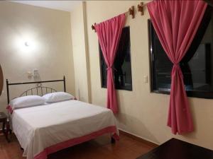a bedroom with a large bed with pink curtains at Hotel Jacaranda in Tuxtla Gutiérrez