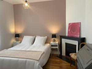 une chambre avec deux lits et une cheminée dans l'établissement Maison rénovée à Moulins avec jardin et véranda - FR-1-489-469, à Moulins