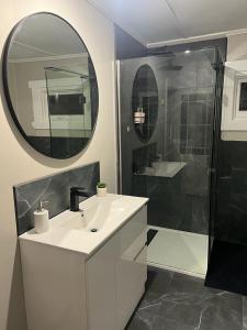 a bathroom with a sink and a shower with a mirror at Zen Out on Surrey in Alfredton