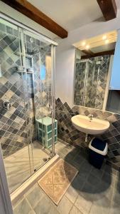マリネッラにあるGuest House Vela Bluのバスルーム(ガラス張りのシャワー、シンク付)