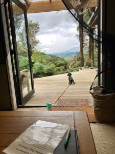 a teddy bear with a mop in front of a door at Golden Bay Glamping in Takaka