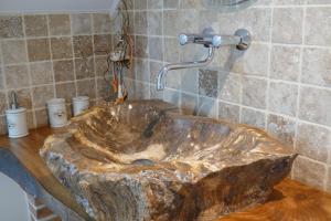 a bathroom with a rock sink with a faucet at Le Clos des Perraudières in Cour-Cheverny