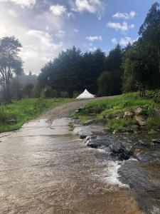 a dirt road next to a river with a tent at Golden Bay Glamping in Takaka