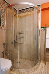 eine Dusche mit Glastür im Bad in der Unterkunft Venizelou Comfort & Living I in Kavala