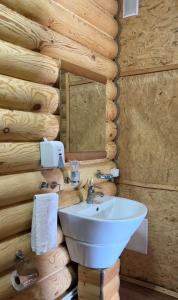La salle de bains est pourvue d'un lavabo et d'un mur en bois. dans l'établissement Гостевой дом ЧИСТЫЕ ПРУДЫ, à Koshi