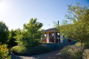 una pequeña casa azul en medio de árboles en Eastern View Studio, en Daylesford
