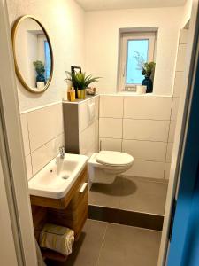 uma casa de banho com um lavatório, um WC e um espelho. em Ferienwohnung direkt am Bodensee / Untersee nahe Konstanz em Berlingen