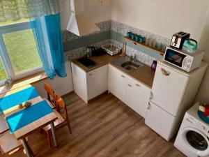 a small kitchen with a table and a refrigerator at Irbītes in Mērsrags