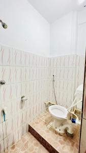 een badkamer met een toilet in een betegelde muur bij The Equinox Hotel in Bongaigaon