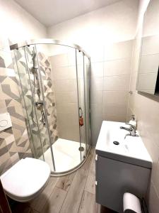 e bagno con doccia, servizi igienici e lavandino. di Urban GREEN apartment a Liptovský Mikuláš